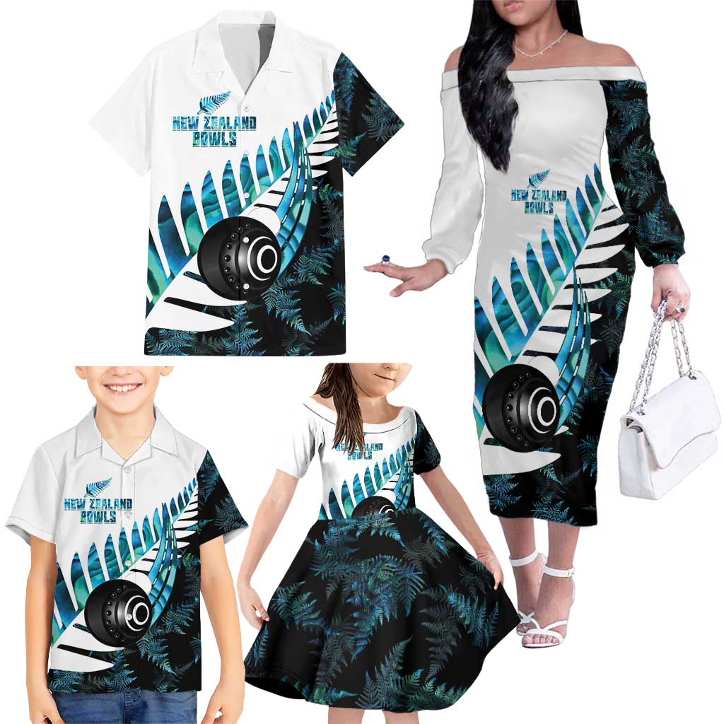 New Zealand Lawn Bowls Custom Family Matching Off The Shoulder Long Sleeve Dress and Hawaiian Shirt Aotearoa Silver Fern Paua Shell - Aussie Hoodie