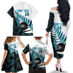 New Zealand Lawn Bowls Custom Family Matching Off The Shoulder Long Sleeve Dress and Hawaiian Shirt Aotearoa Silver Fern Paua Shell - Aussie Hoodie