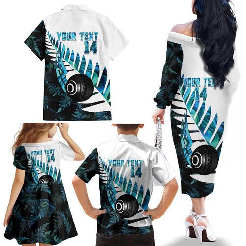 New Zealand Lawn Bowls Custom Family Matching Off The Shoulder Long Sleeve Dress and Hawaiian Shirt Aotearoa Silver Fern Paua Shell - Aussie Hoodie