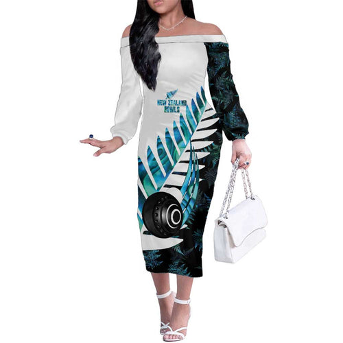 New Zealand Lawn Bowls Custom Family Matching Off The Shoulder Long Sleeve Dress and Hawaiian Shirt Aotearoa Silver Fern Paua Shell - Aussie Hoodie