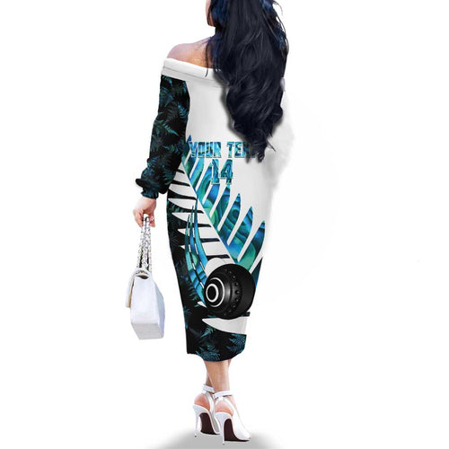 New Zealand Lawn Bowls Custom Family Matching Off The Shoulder Long Sleeve Dress and Hawaiian Shirt Aotearoa Silver Fern Paua Shell - Aussie Hoodie