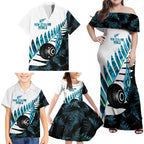 New Zealand Lawn Bowls Custom Family Matching Off Shoulder Maxi Dress and Hawaiian Shirt Aotearoa Silver Fern Paua Shell - Aussie Hoodie