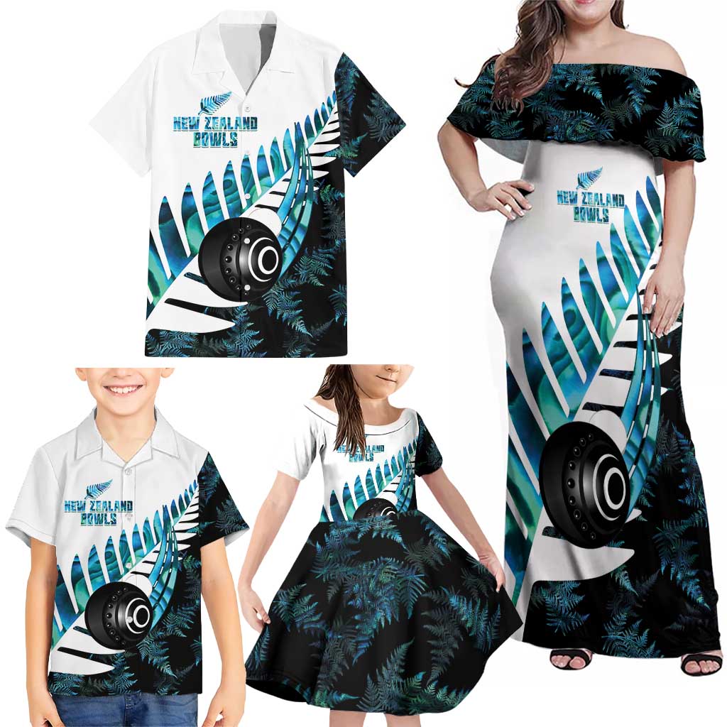 New Zealand Lawn Bowls Custom Family Matching Off Shoulder Maxi Dress and Hawaiian Shirt Aotearoa Silver Fern Paua Shell - Aussie Hoodie