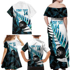 New Zealand Lawn Bowls Custom Family Matching Off Shoulder Maxi Dress and Hawaiian Shirt Aotearoa Silver Fern Paua Shell - Aussie Hoodie