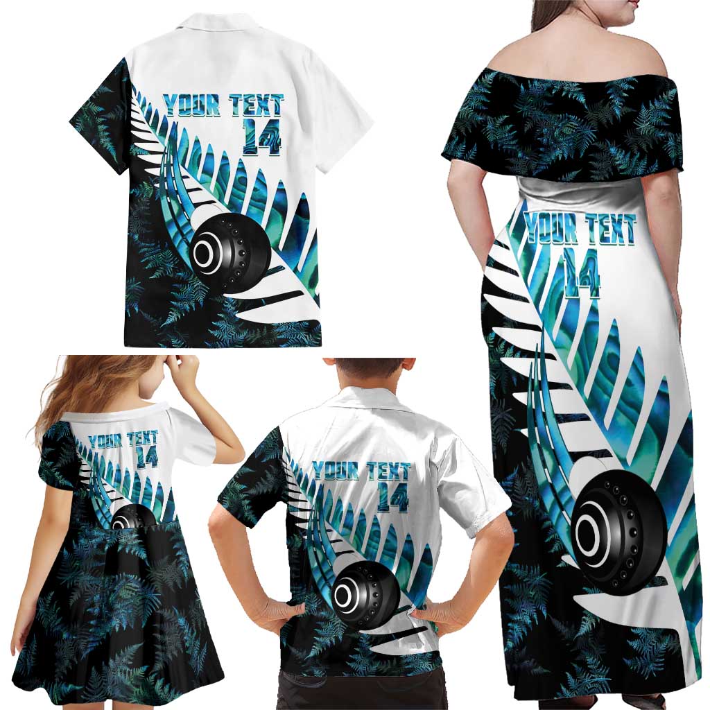 New Zealand Lawn Bowls Custom Family Matching Off Shoulder Maxi Dress and Hawaiian Shirt Aotearoa Silver Fern Paua Shell - Aussie Hoodie