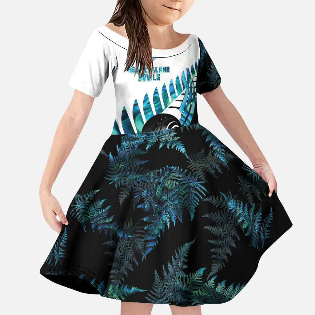 New Zealand Lawn Bowls Custom Kid Short Sleeve Dress Aotearoa Silver Fern Paua Shell - Aussie Hoodie
