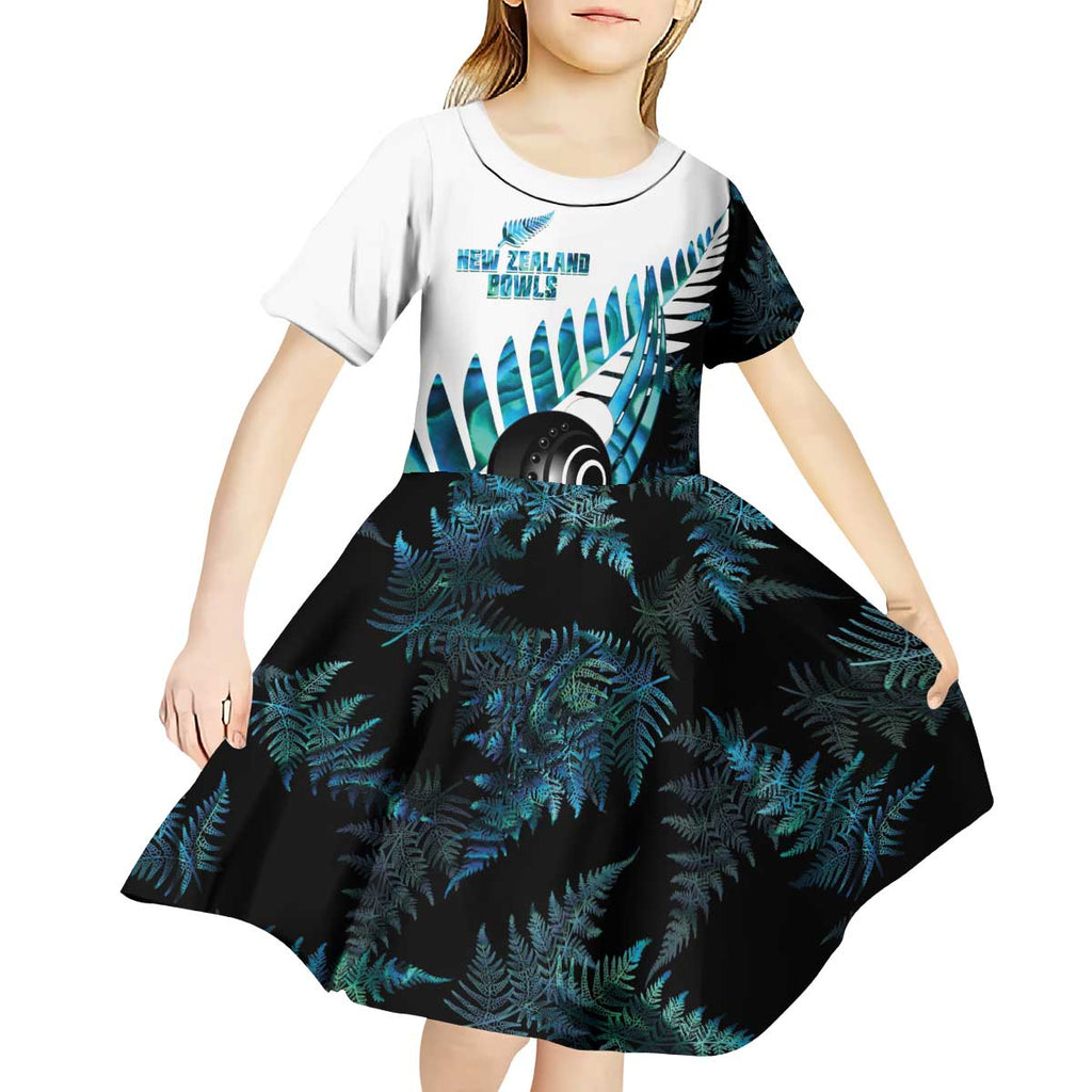 New Zealand Lawn Bowls Custom Kid Short Sleeve Dress Aotearoa Silver Fern Paua Shell - Aussie Hoodie