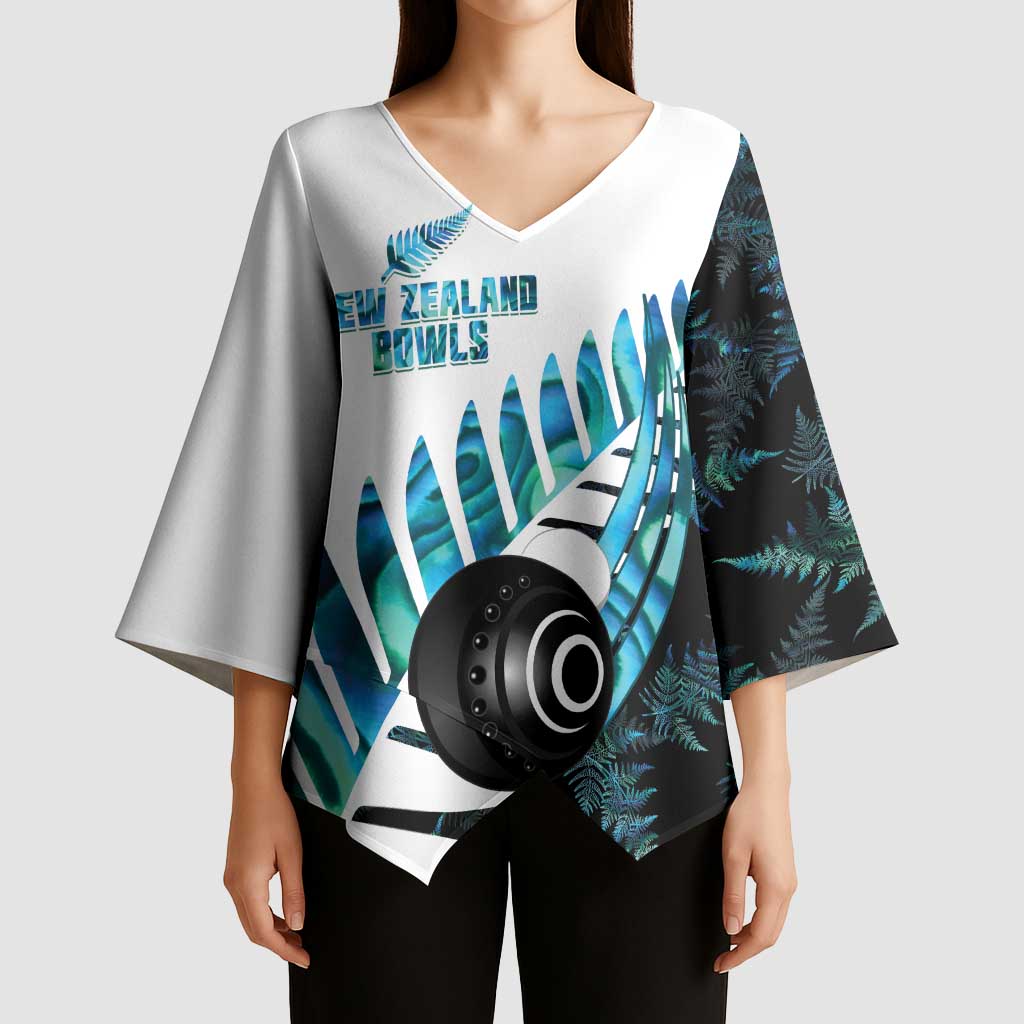 New Zealand Lawn Bowls Custom Kimono Sleeve Blouse Aotearoa Silver Fern Paua Shell - Aussie Hoodie