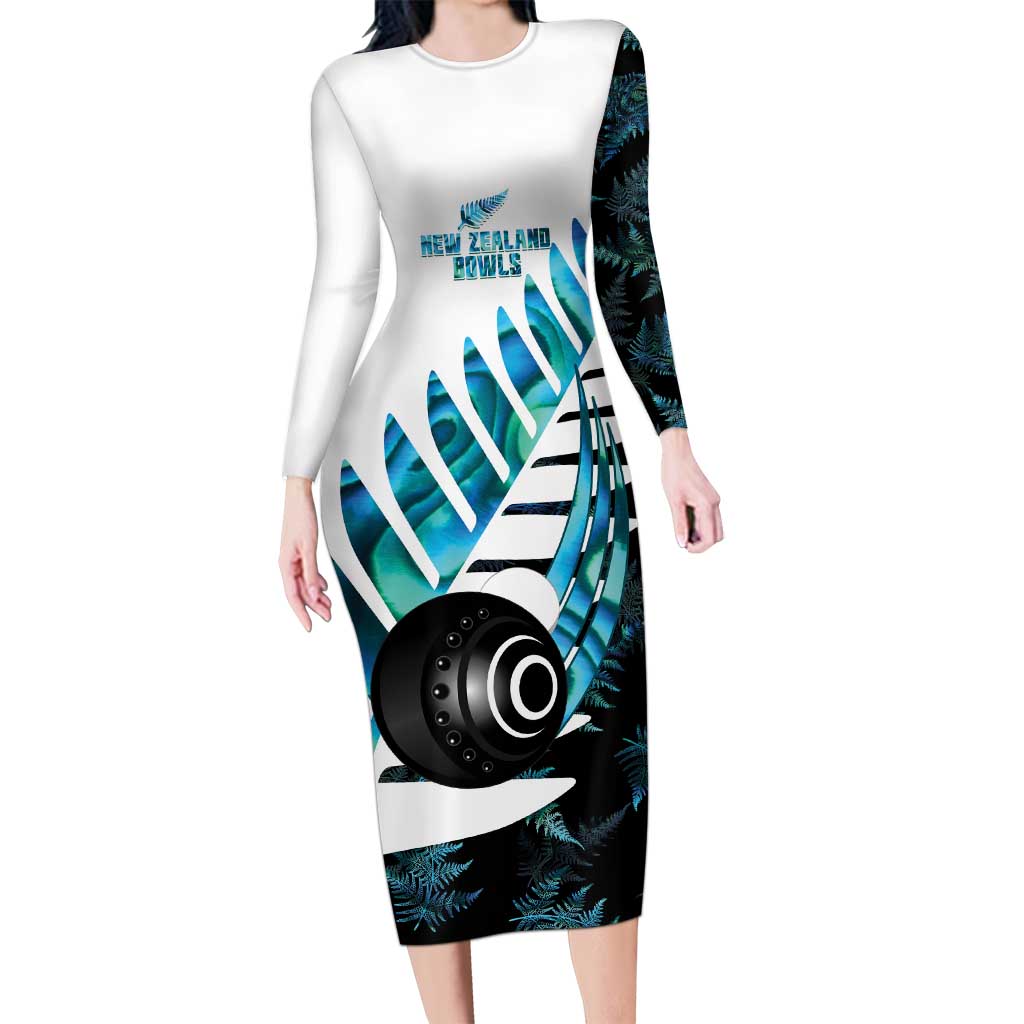 New Zealand Lawn Bowls Custom Long Sleeve Bodycon Dress Aotearoa Silver Fern Paua Shell - Aussie Hoodie