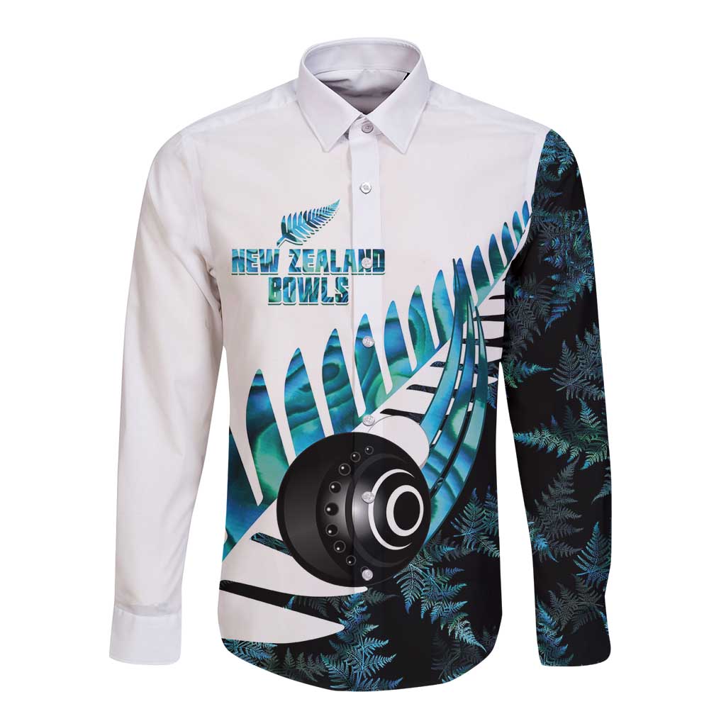 New Zealand Lawn Bowls Custom Long Sleeve Button Shirt Aotearoa Silver Fern Paua Shell - Aussie Hoodie