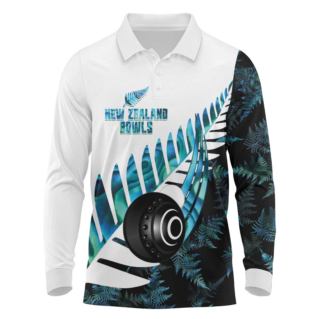New Zealand Lawn Bowls Custom Long Sleeve Polo Shirt Aotearoa Silver Fern Paua Shell - Aussie Hoodie