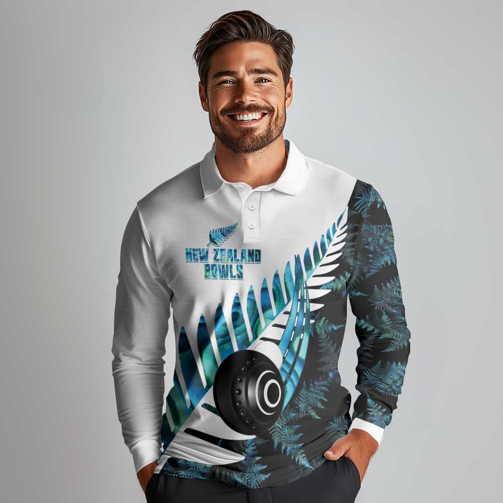 New Zealand Lawn Bowls Custom Long Sleeve Polo Shirt Aotearoa Silver Fern Paua Shell - Aussie Hoodie