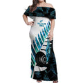 New Zealand Lawn Bowls Custom Off Shoulder Maxi Dress Aotearoa Silver Fern Paua Shell - Aussie Hoodie