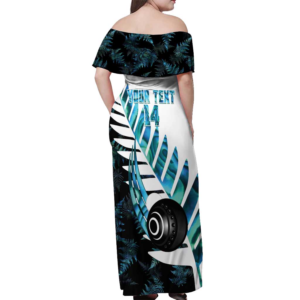 New Zealand Lawn Bowls Custom Off Shoulder Maxi Dress Aotearoa Silver Fern Paua Shell - Aussie Hoodie