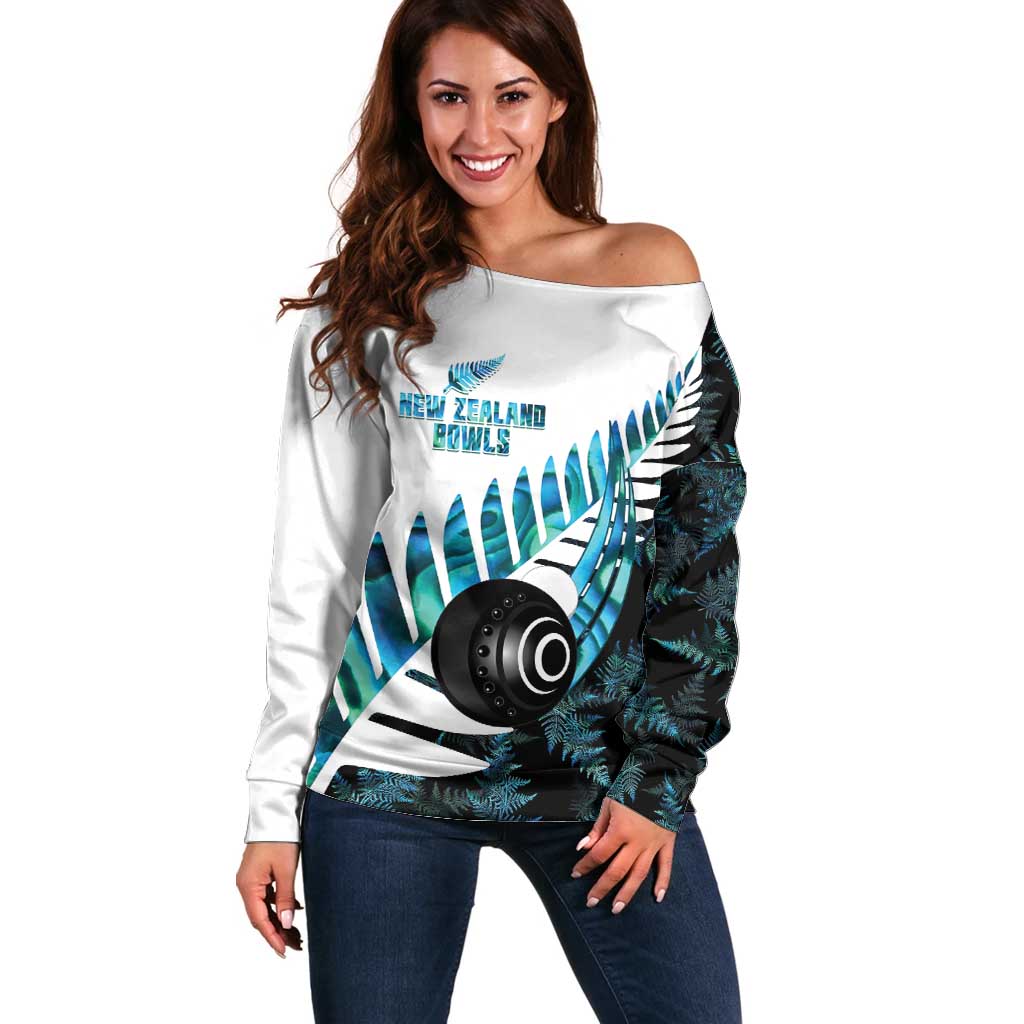 New Zealand Lawn Bowls Custom Off Shoulder Sweater Aotearoa Silver Fern Paua Shell - Aussie Hoodie