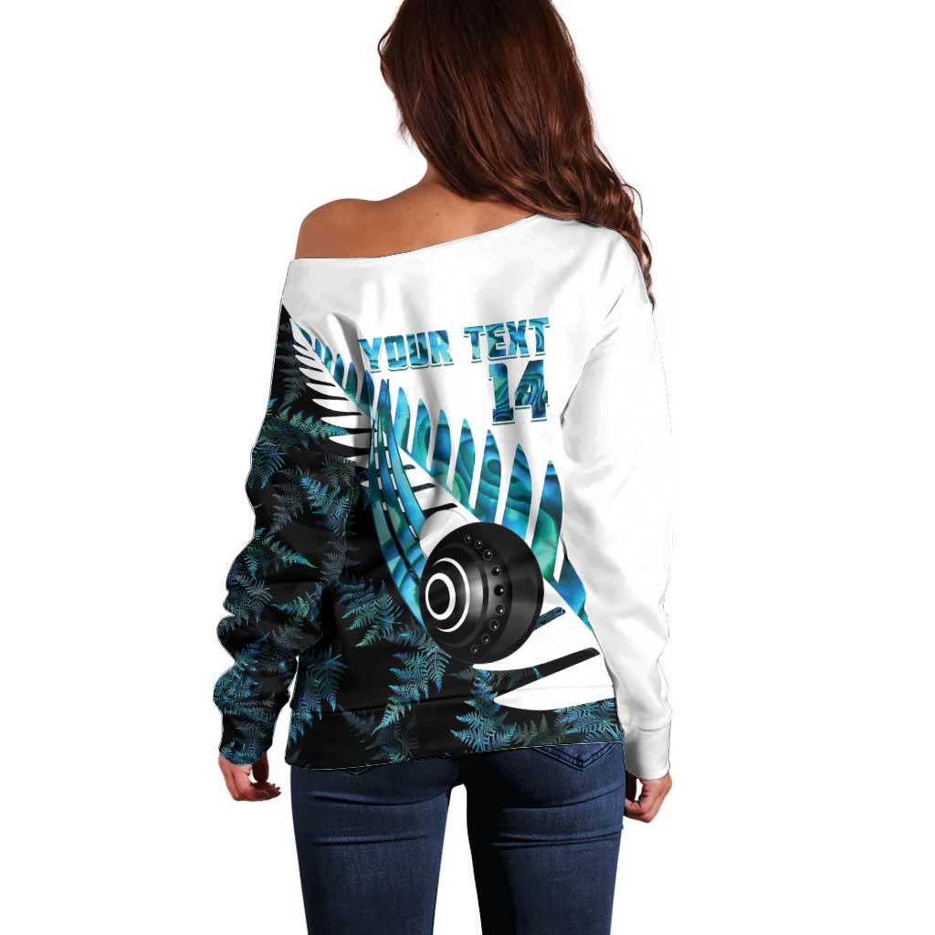 New Zealand Lawn Bowls Custom Off Shoulder Sweater Aotearoa Silver Fern Paua Shell - Aussie Hoodie