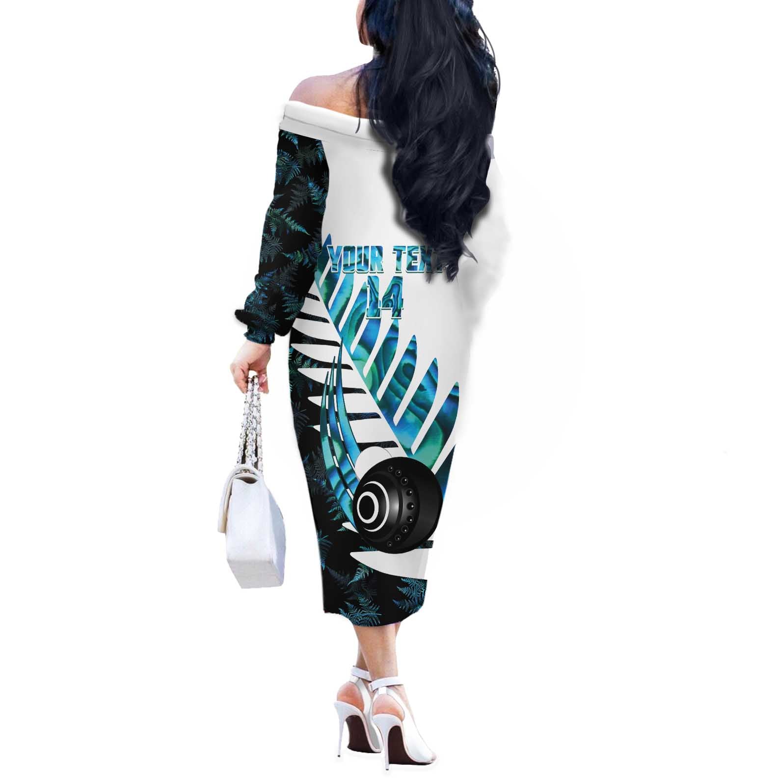 New Zealand Lawn Bowls Custom Off The Shoulder Long Sleeve Dress Aotearoa Silver Fern Paua Shell - Aussie Hoodie
