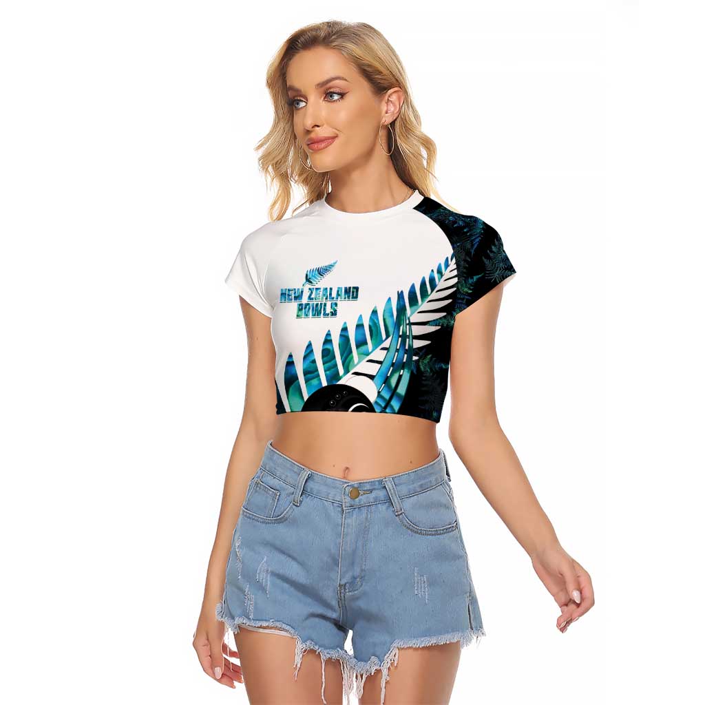 New Zealand Lawn Bowls Custom Raglan Cropped T Shirt Aotearoa Silver Fern Paua Shell - Aussie Hoodie