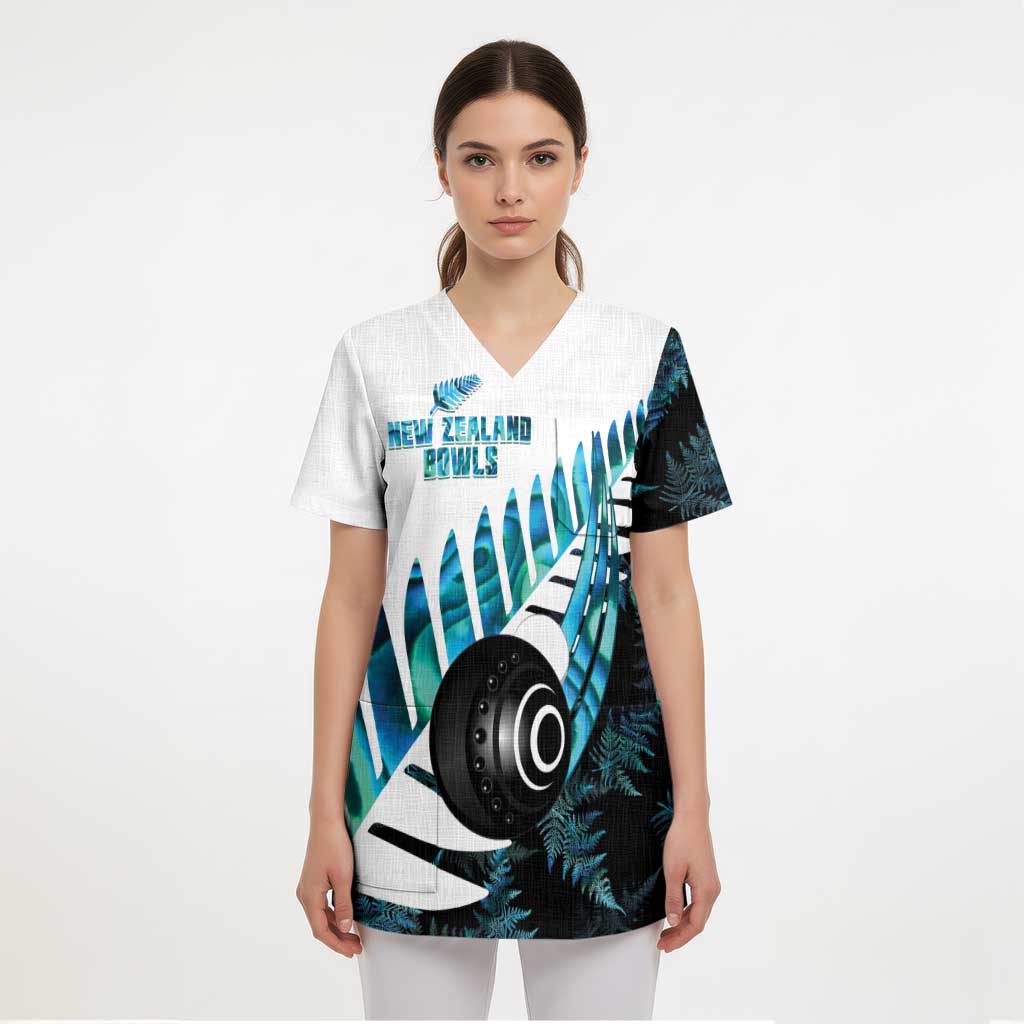 New Zealand Lawn Bowls Custom Scrub Top Aotearoa Silver Fern Paua Shell - Aussie Hoodie