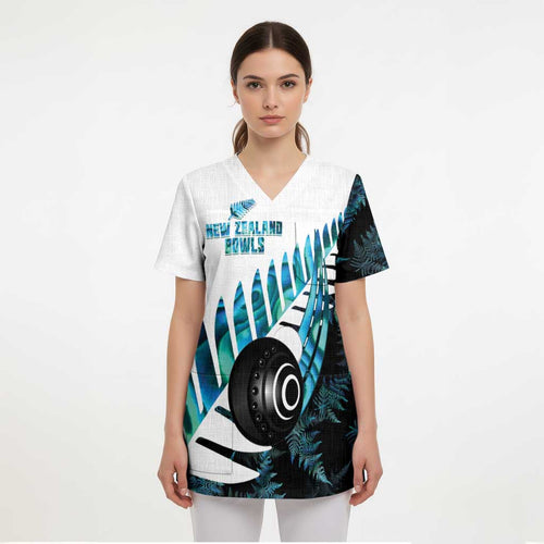 New Zealand Lawn Bowls Custom Scrub Top Aotearoa Silver Fern Paua Shell - Aussie Hoodie