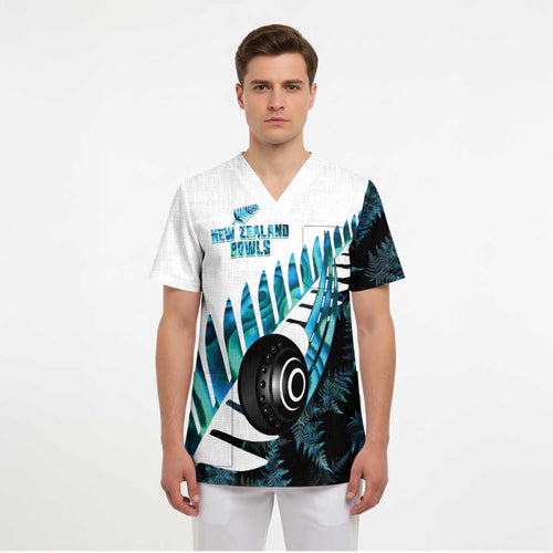 New Zealand Lawn Bowls Custom Scrub Top Aotearoa Silver Fern Paua Shell - Aussie Hoodie
