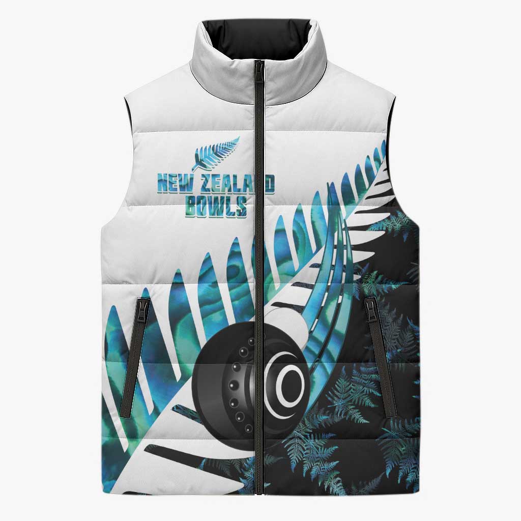 New Zealand Lawn Bowls Custom Sleeveless Puffer Jacket Aotearoa Silver Fern Paua Shell - Aussie Hoodie