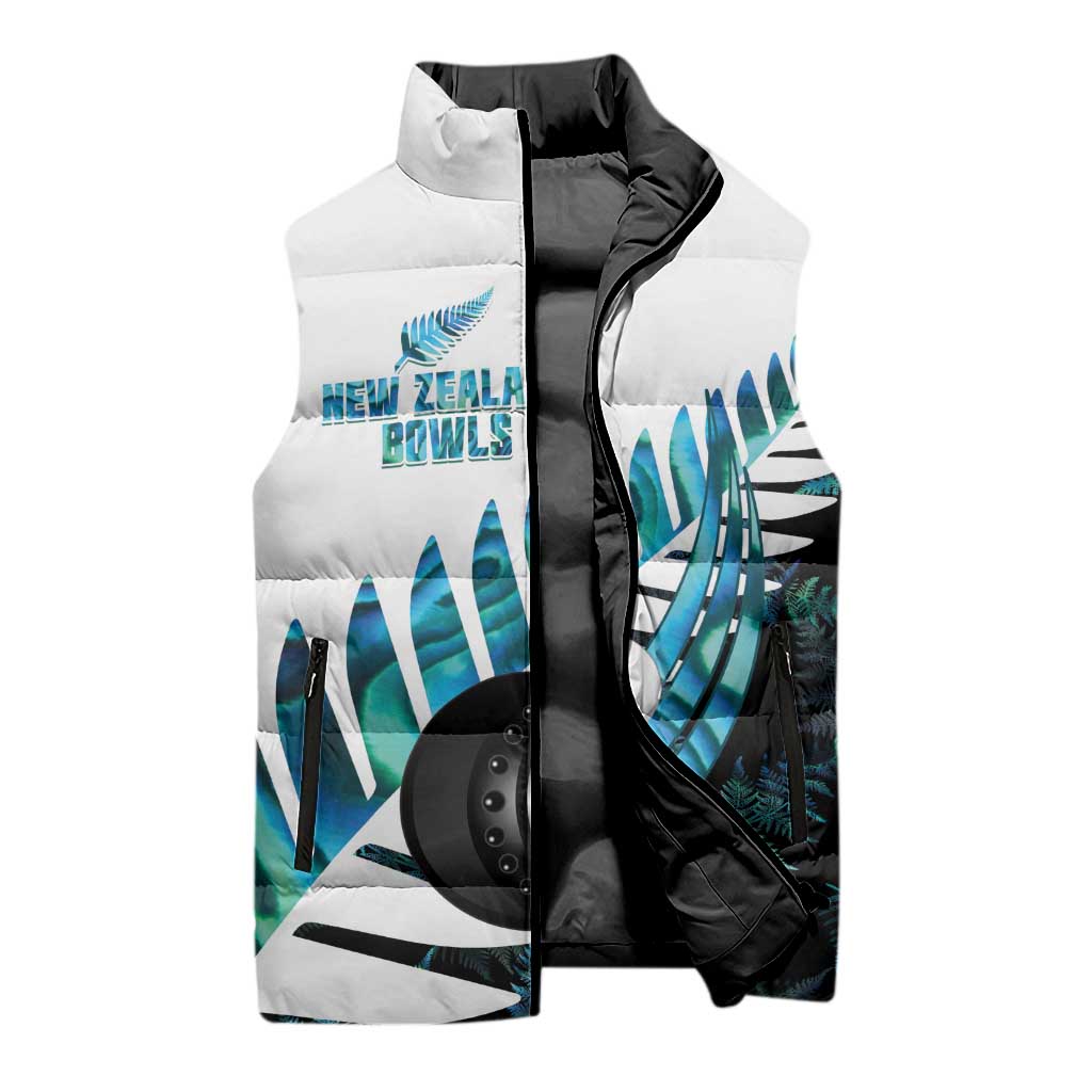 New Zealand Lawn Bowls Custom Sleeveless Puffer Jacket Aotearoa Silver Fern Paua Shell - Aussie Hoodie