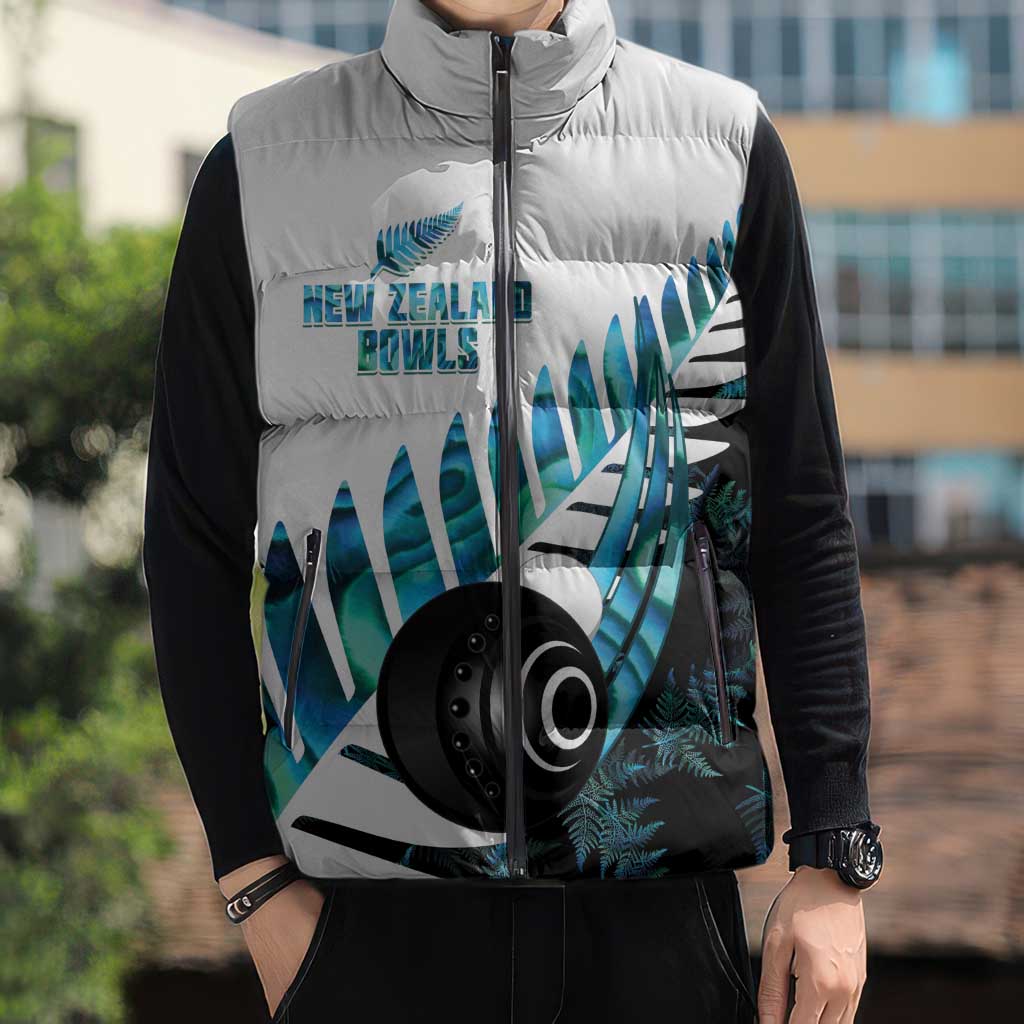 New Zealand Lawn Bowls Custom Sleeveless Puffer Jacket Aotearoa Silver Fern Paua Shell - Aussie Hoodie
