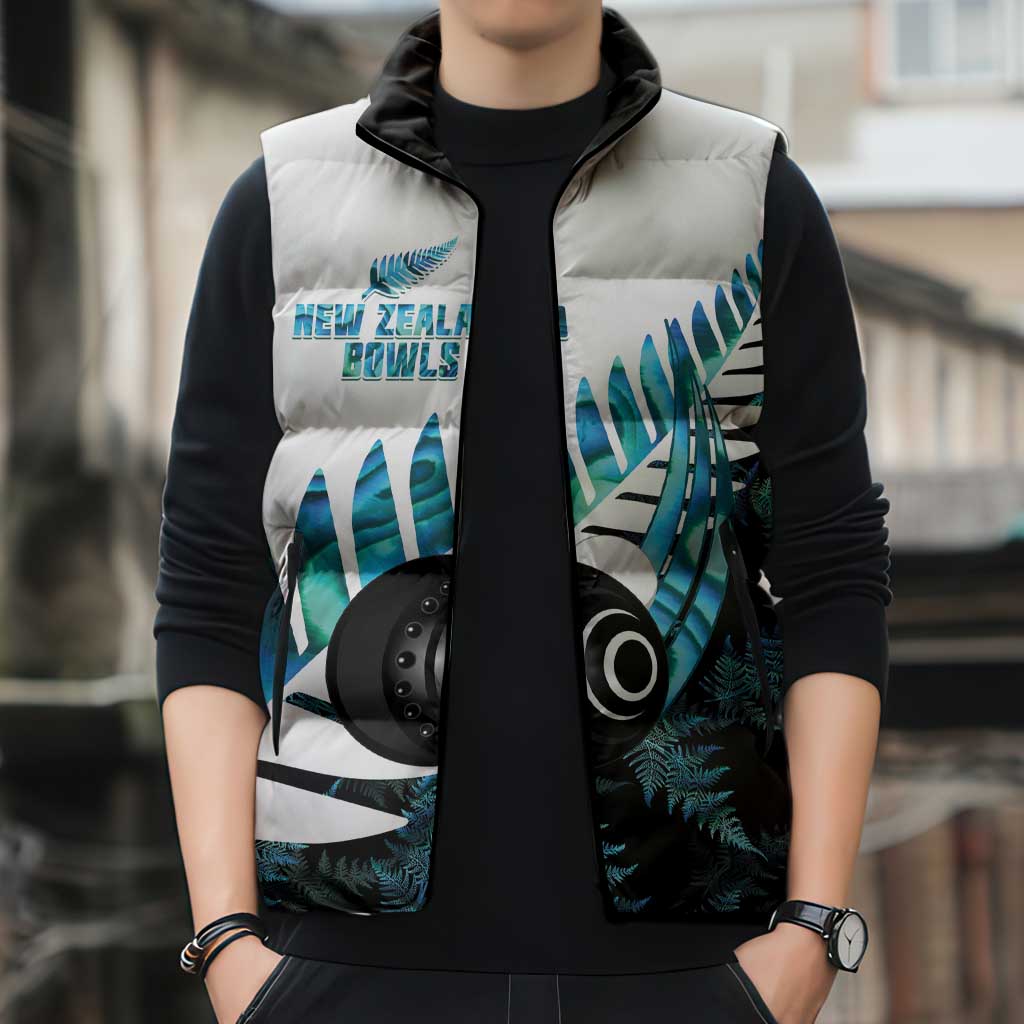 New Zealand Lawn Bowls Custom Sleeveless Puffer Jacket Aotearoa Silver Fern Paua Shell - Aussie Hoodie