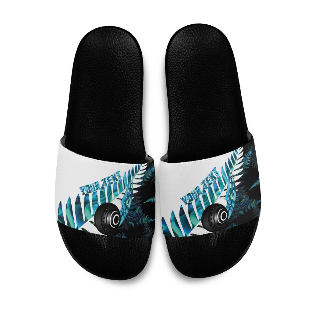 New Zealand Lawn Bowls Custom Slide Sandals Aotearoa Silver Fern Paua Shell - Aussie Hoodie