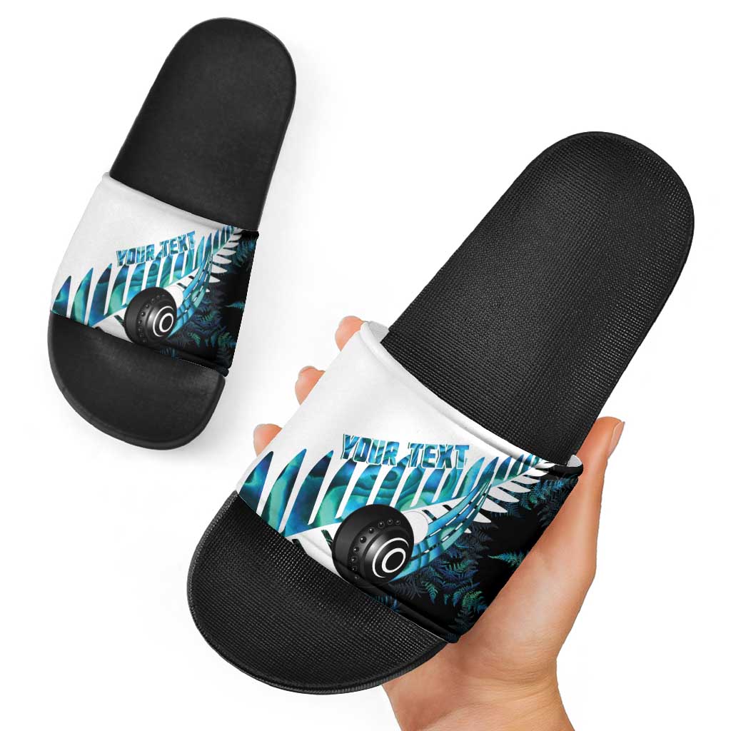 New Zealand Lawn Bowls Custom Slide Sandals Aotearoa Silver Fern Paua Shell - Aussie Hoodie