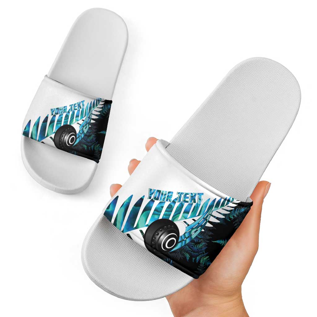 New Zealand Lawn Bowls Custom Slide Sandals Aotearoa Silver Fern Paua Shell - Aussie Hoodie