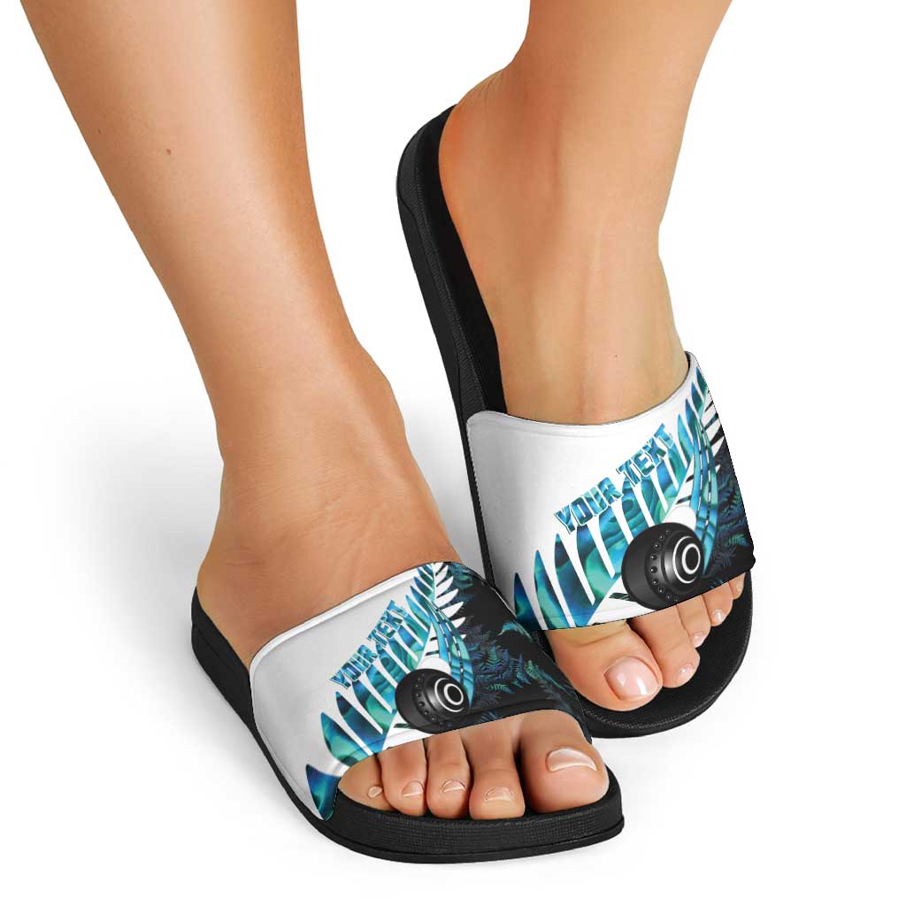 New Zealand Lawn Bowls Custom Slide Sandals Aotearoa Silver Fern Paua Shell - Aussie Hoodie