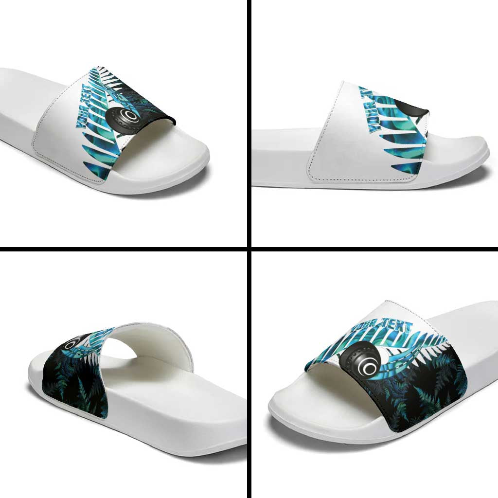 New Zealand Lawn Bowls Custom Slide Sandals Aotearoa Silver Fern Paua Shell - Aussie Hoodie