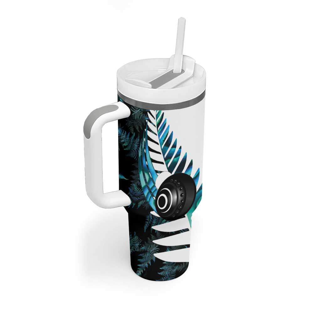 New Zealand Lawn Bowls Custom Tumbler With Handle Aotearoa Silver Fern Paua Shell - Aussie Hoodie
