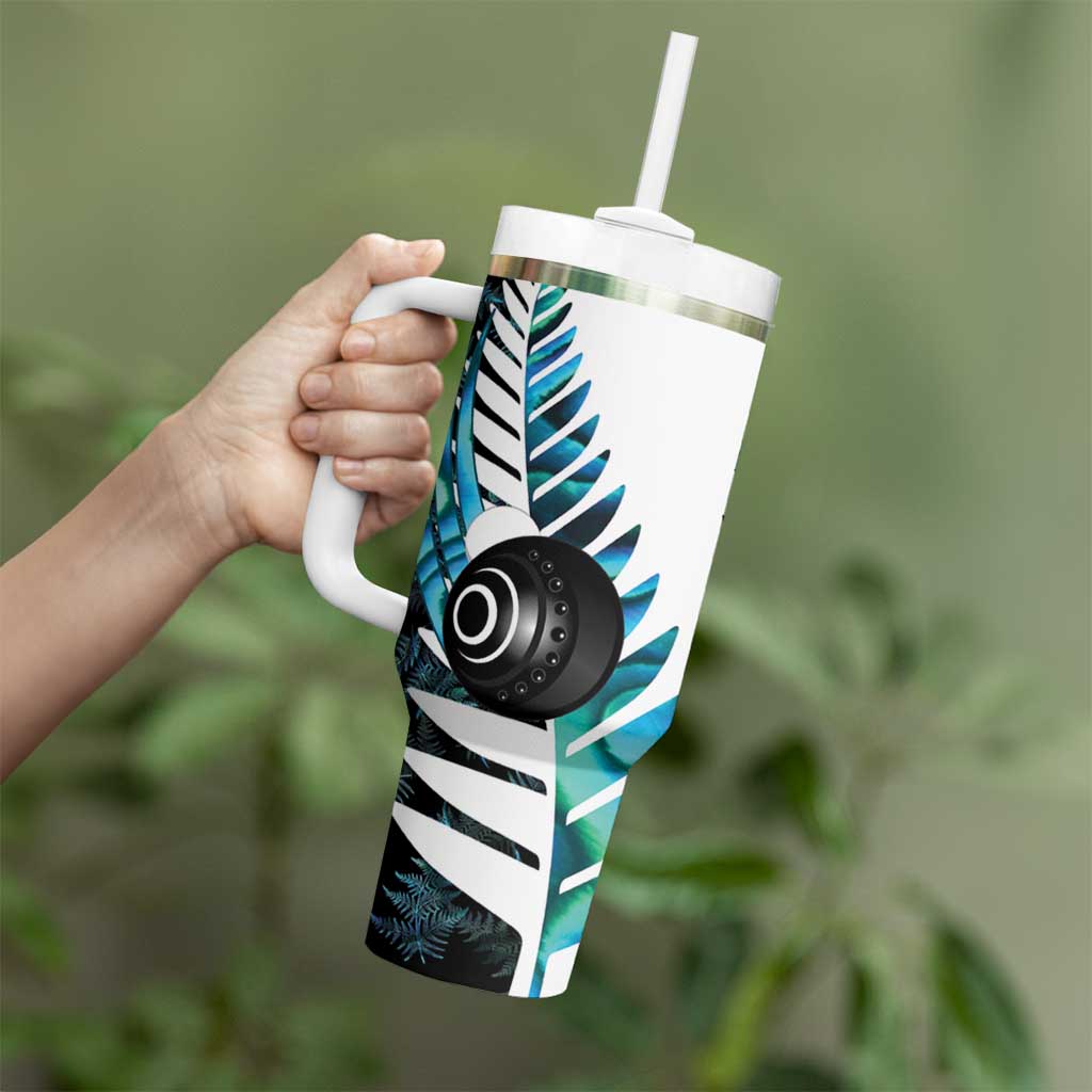New Zealand Lawn Bowls Custom Tumbler With Handle Aotearoa Silver Fern Paua Shell - Aussie Hoodie