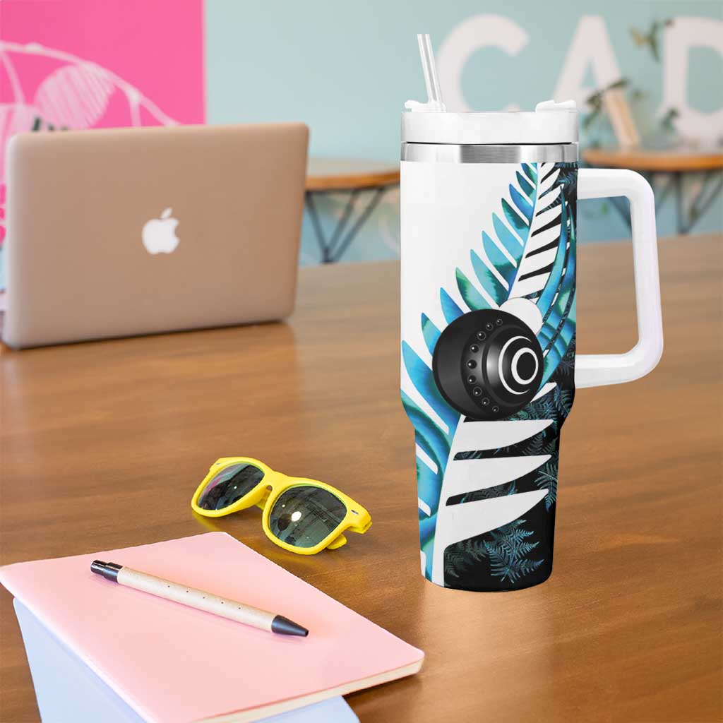 New Zealand Lawn Bowls Custom Tumbler With Handle Aotearoa Silver Fern Paua Shell - Aussie Hoodie