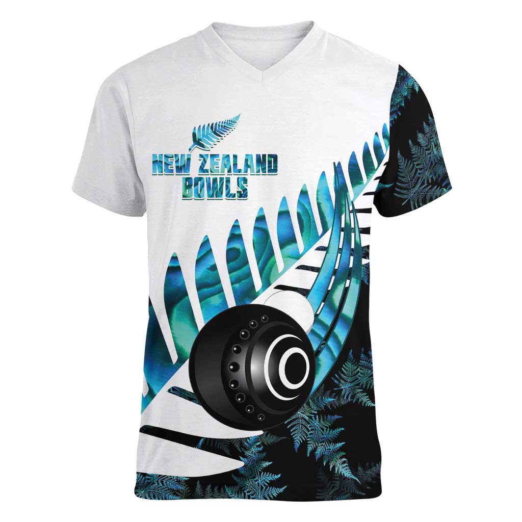 New Zealand Lawn Bowls Custom Women V-Neck T-Shirt Aotearoa Silver Fern Paua Shell - Aussie Hoodie