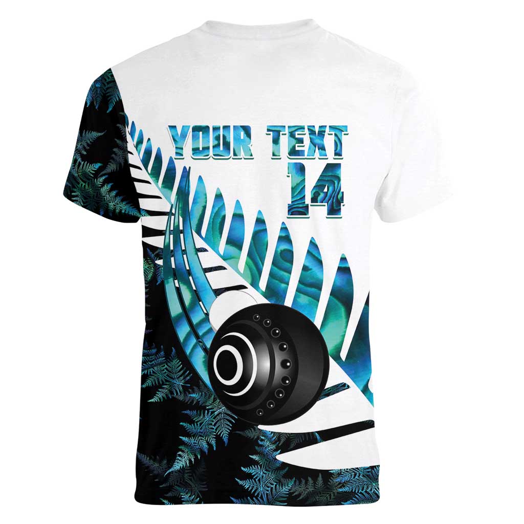 New Zealand Lawn Bowls Custom Women V-Neck T-Shirt Aotearoa Silver Fern Paua Shell - Aussie Hoodie