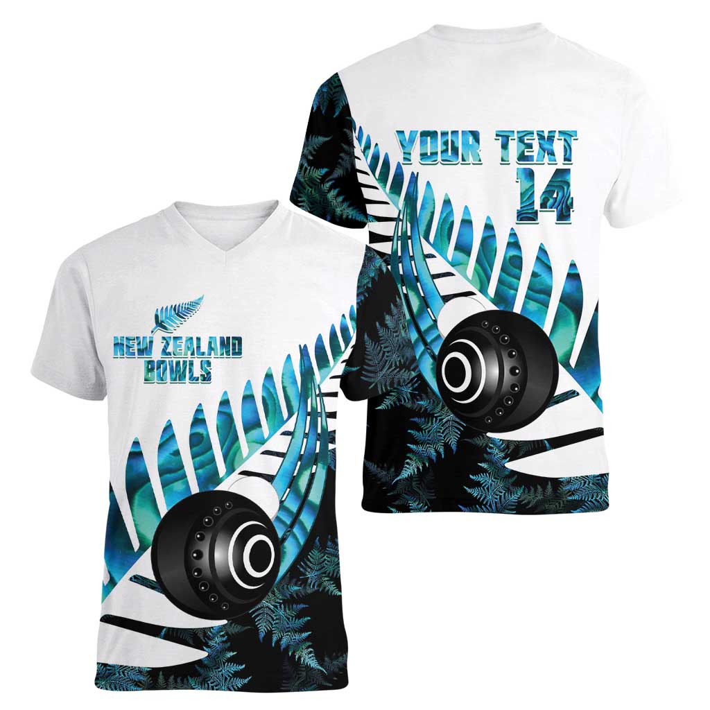 New Zealand Lawn Bowls Custom Women V-Neck T-Shirt Aotearoa Silver Fern Paua Shell - Aussie Hoodie