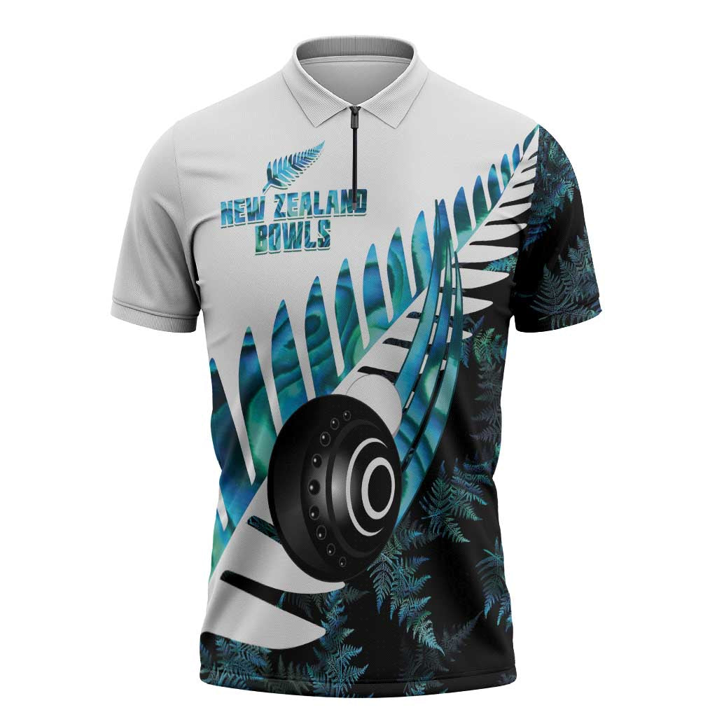 New Zealand Lawn Bowls Custom Zipper Polo Shirt Aotearoa Silver Fern Paua Shell - Aussie Hoodie