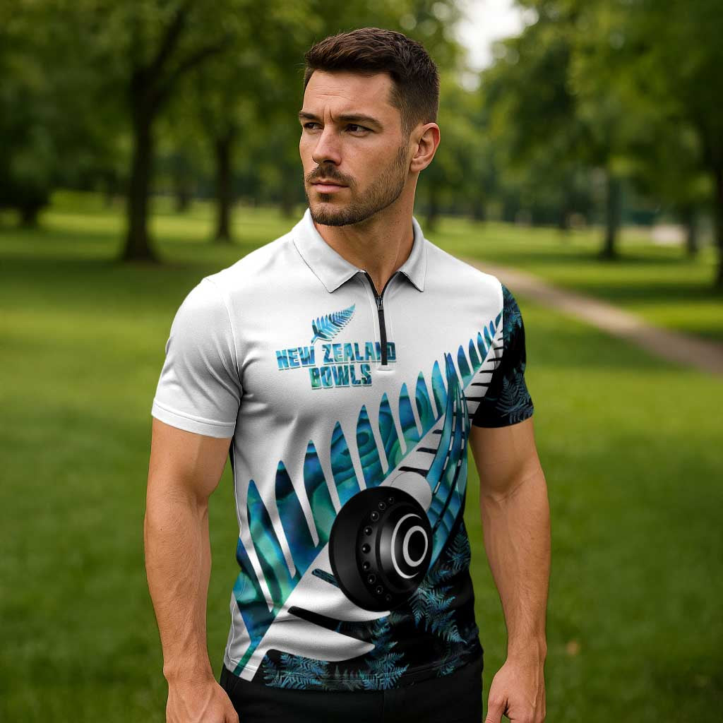 New Zealand Lawn Bowls Custom Zipper Polo Shirt Aotearoa Silver Fern Paua Shell - Aussie Hoodie