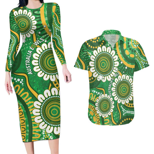 Bowls Australia Custom Couples Matching Long Sleeve Bodycon Dress and Hawaiian Shirt Aboriginal Art National Color - Aussie Hoodie