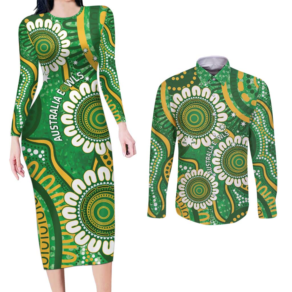 Bowls Australia Custom Couples Matching Long Sleeve Bodycon Dress and Long Sleeve Button Shirt Aboriginal Art National Color - Aussie Hoodie
