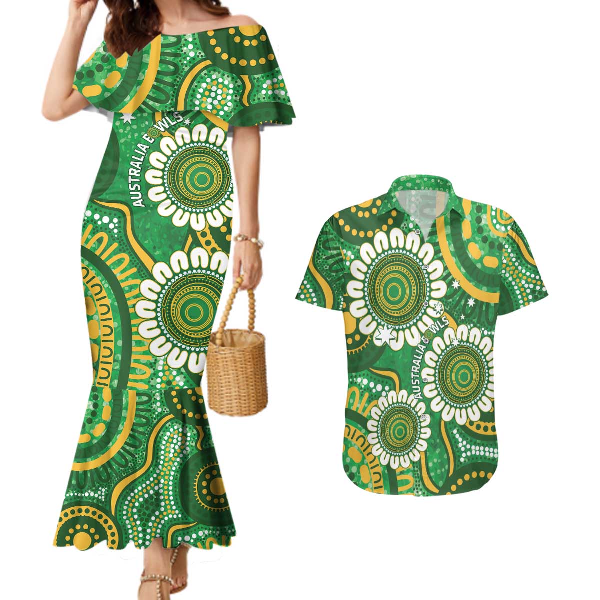 Bowls Australia Custom Couples Matching Mermaid Dress and Hawaiian Shirt Aboriginal Art National Color - Aussie Hoodie