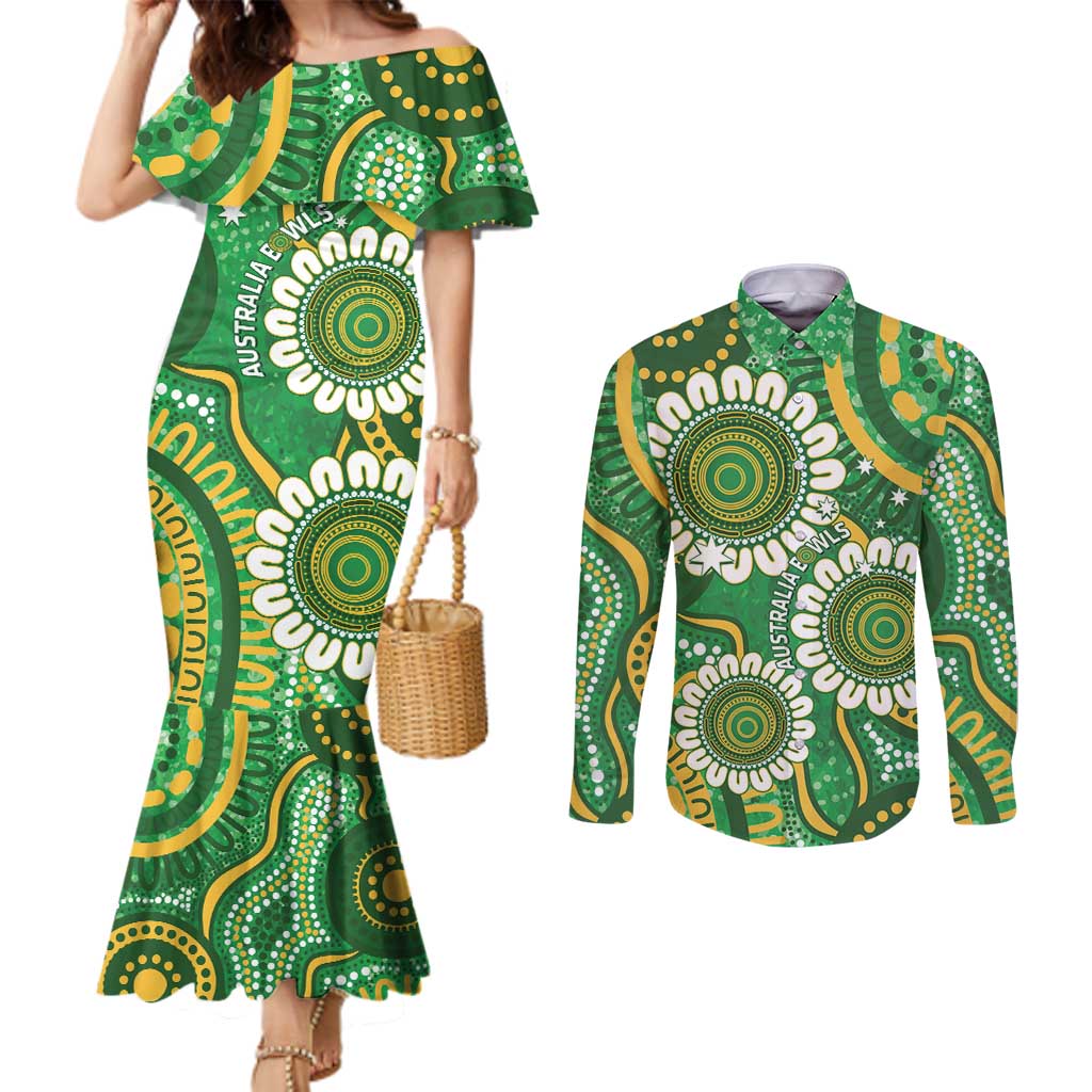 Bowls Australia Custom Couples Matching Mermaid Dress and Long Sleeve Button Shirt Aboriginal Art National Color - Aussie Hoodie