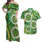 Bowls Australia Custom Couples Matching Off Shoulder Maxi Dress and Hawaiian Shirt Aboriginal Art National Color - Aussie Hoodie