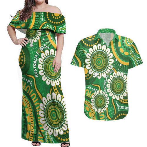 Bowls Australia Custom Couples Matching Off Shoulder Maxi Dress and Hawaiian Shirt Aboriginal Art National Color - Aussie Hoodie