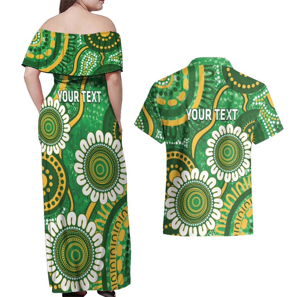 Bowls Australia Custom Couples Matching Off Shoulder Maxi Dress and Hawaiian Shirt Aboriginal Art National Color - Aussie Hoodie