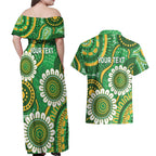 Bowls Australia Custom Couples Matching Off Shoulder Maxi Dress and Hawaiian Shirt Aboriginal Art National Color - Aussie Hoodie